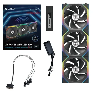 Lian Li UNI FAN SL Wireless Reverse, 120 mm, PWM, nestelaakeri, ARGB -tuuletinsarja, 3 kpl, musta