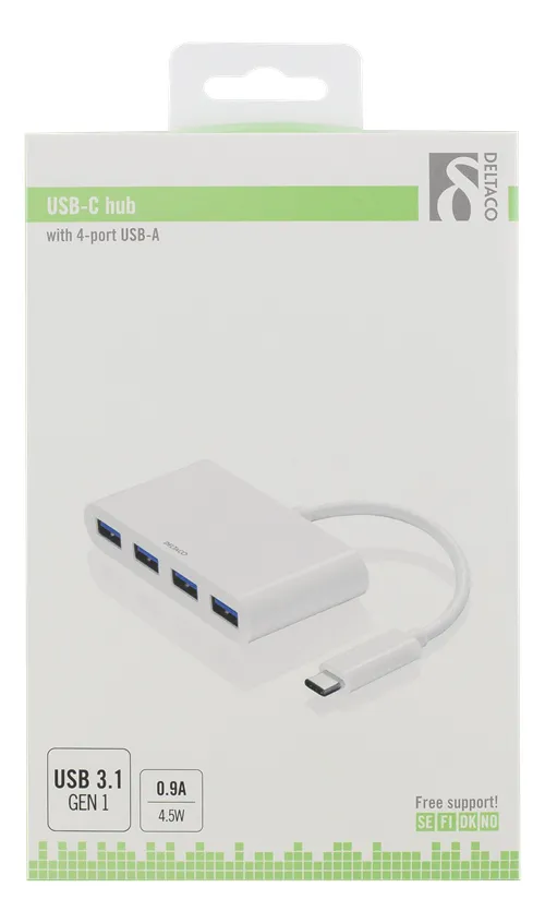 DELTACO USB 3.1 Gen 1 -hubi, USB-C, 4xUSB Type A naaras, 5V 4,5W 0,9A