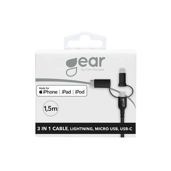 GEAR 3-in-1 USB-A - Micro-USB/Lightning/USB-C - kabel, 1,5m, Svart