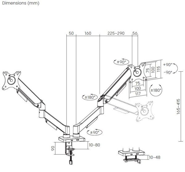 DELTACO ARM-1300-B -p&ouml;yt&auml;teline kahdelle n&auml;yt&ouml;lle 17-32", mekaanisella jousella, 9 kg, VESA 75/100, musta