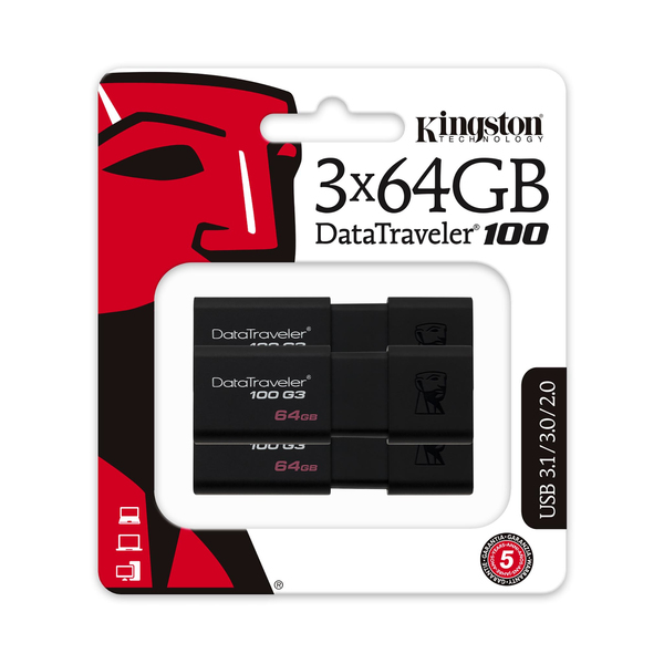 Kingston 64 Gt DataTraveler 100 G3 USB 3.2 Gen 1 (3.1 Gen 1) -muistitikku, Musta (3kpl)