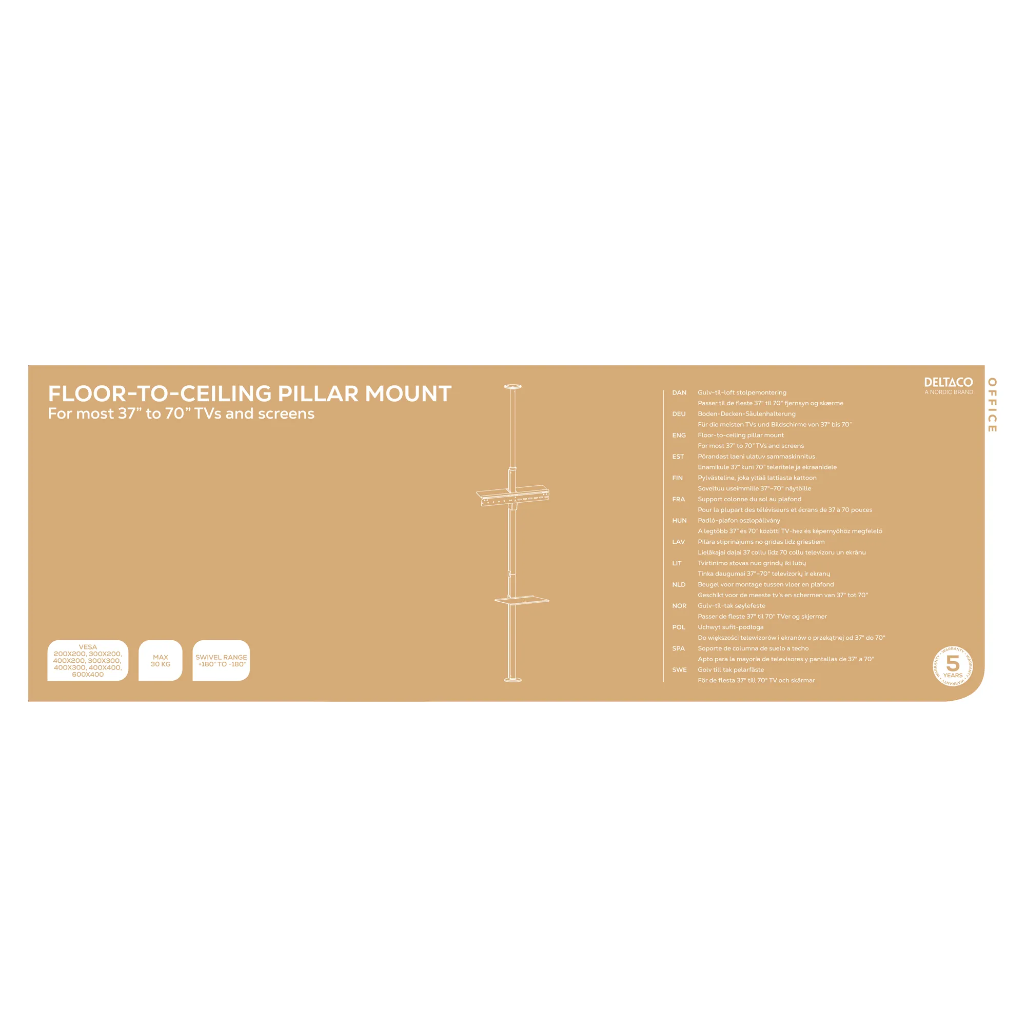 Deltaco Office Floor to Ceiling Mount 37"-70", 200x200-600x400, 30kg