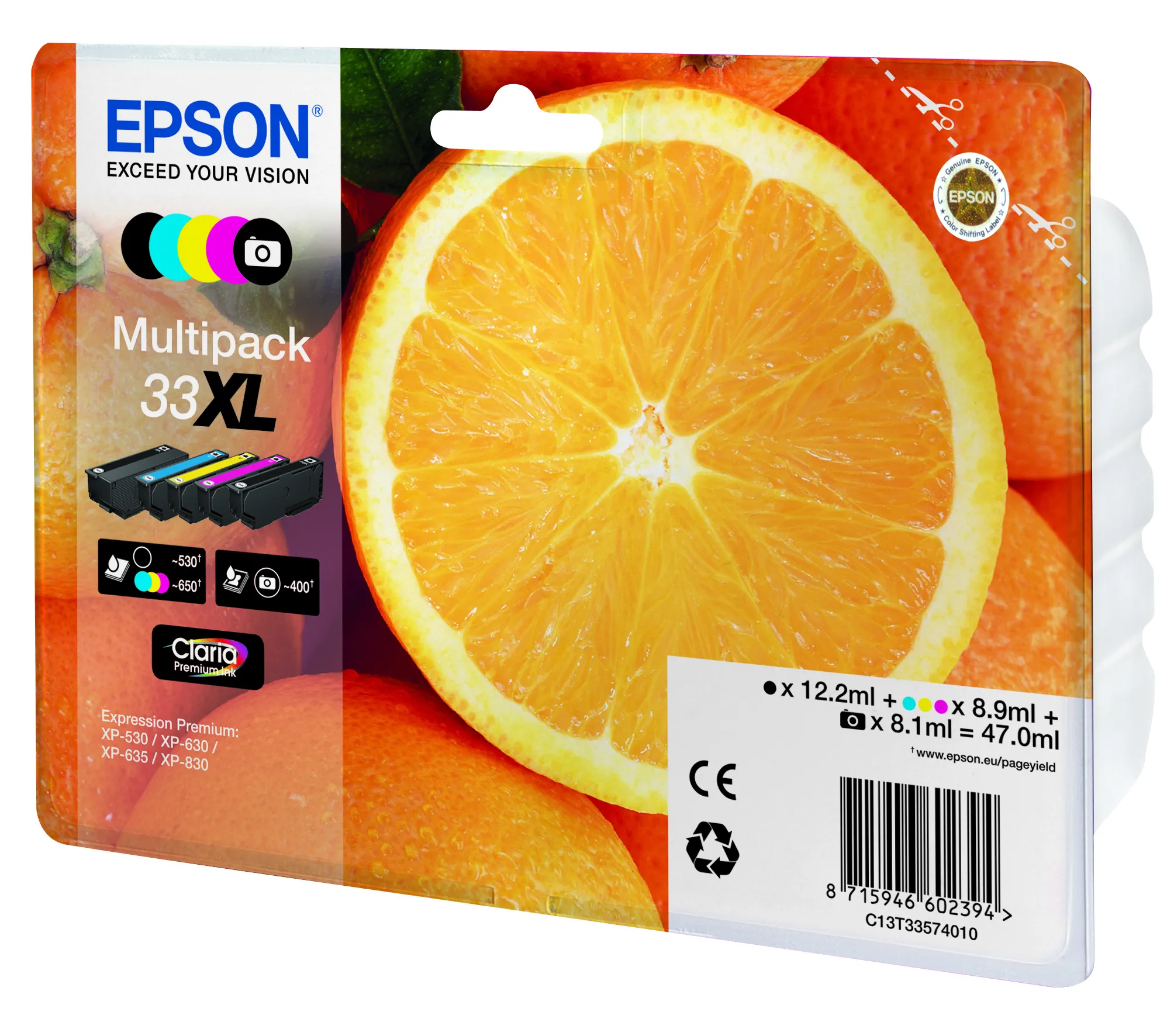 Epson Claria Premium 33XL -mustekasettipakkaus, musta/valokuvamusta/syaani/magenta/keltainen, 5 kpl