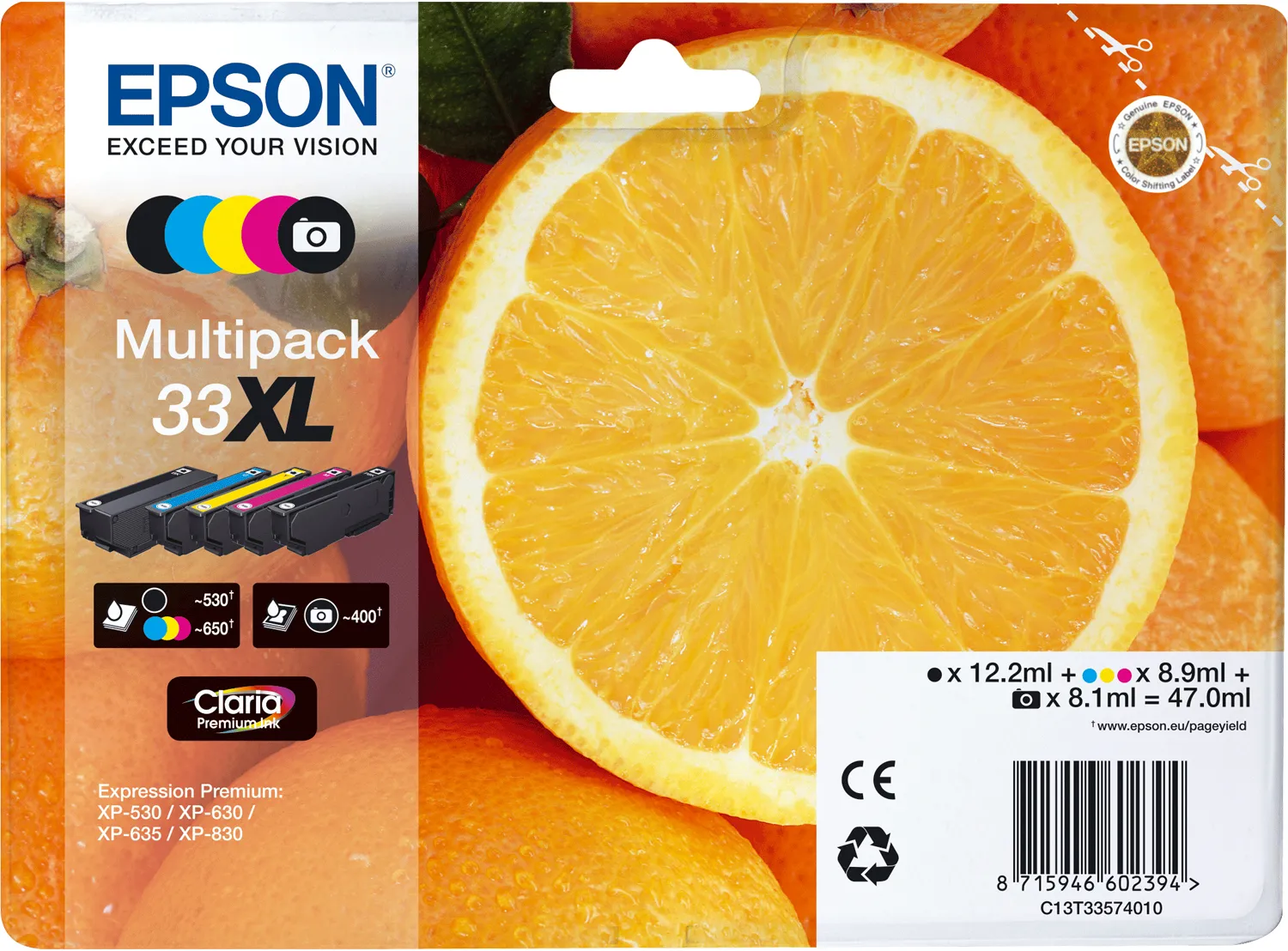 EPSON 33XL XL ink cartridge kit, Photo Black, Black, Cyan, Magenta, Yellow, 5 pcs