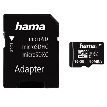 Hama 16 Gt MicroSDHC UHS-I Class 10 V10 -muistikortti + SD-adapteri, musta