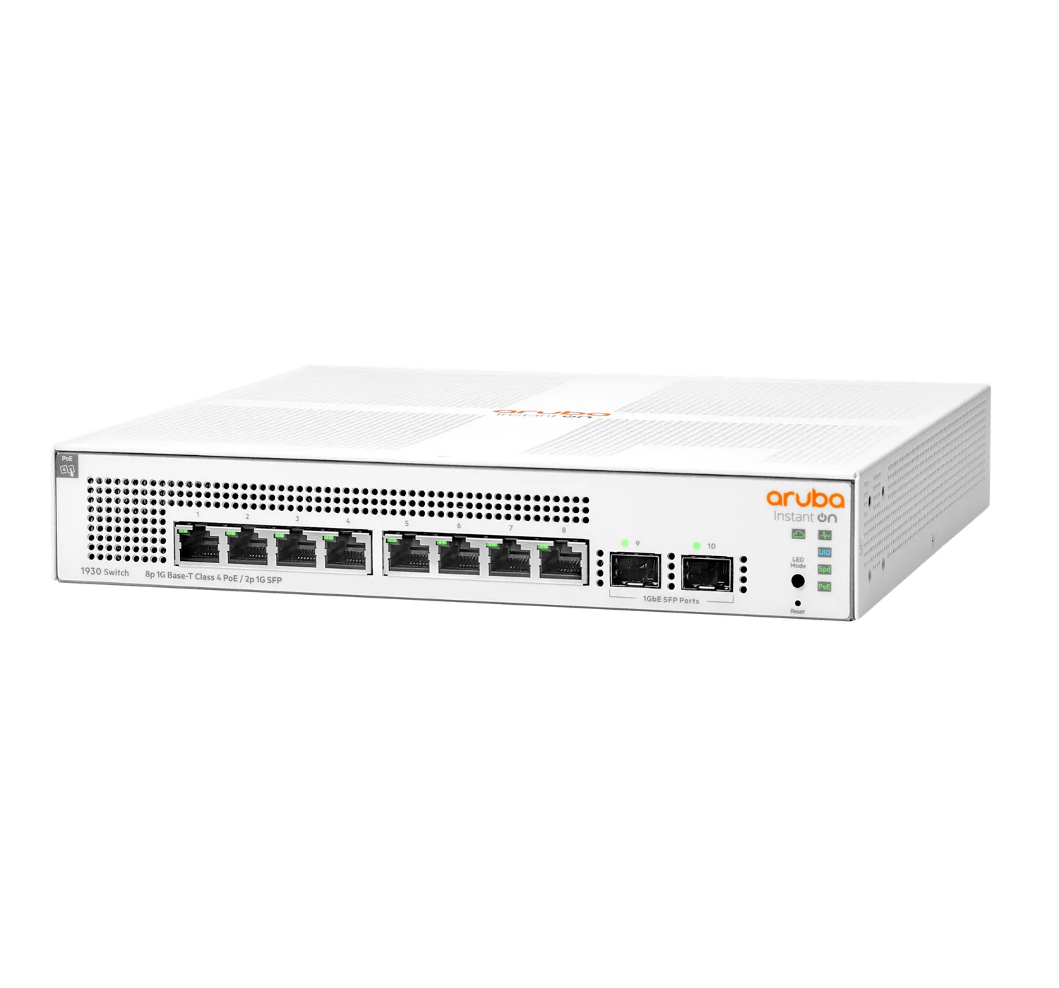 Aruba Instant On 1930 8G Class4 PoE 2SFP 124W Switch 8x 10/100/1000T 30W PoE ports and 2 SFP 1GbE ports. Plug-and-play switches optimized with Instant On APs. M