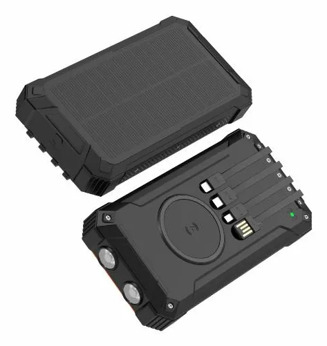 Denver 20.000 mAh Solar 4kpl kaapelia + langaton lataus -varavirtalähde, Musta