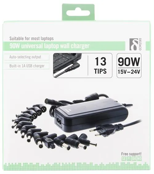 DELTACO laddare f&ouml;r b&auml;rbar 15-19,5V  90W, USB, 13 olika kontakter