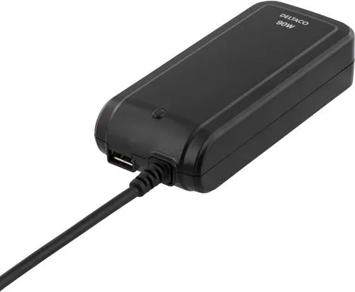 DELTACO laddare f&ouml;r b&auml;rbar 15-19,5V  90W, USB, 13 olika kontakter