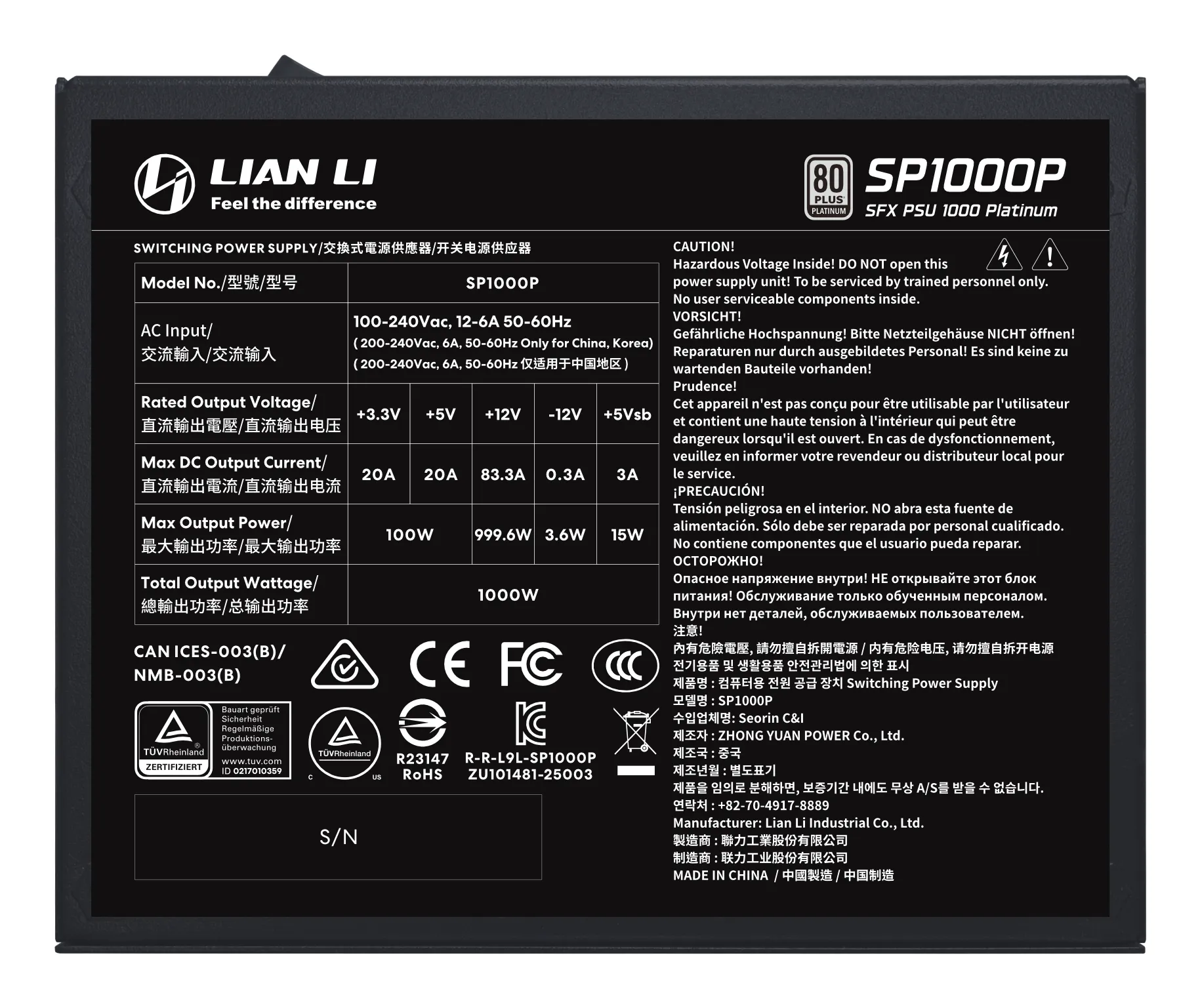 LIAN LI SP1000P 1000W - n&auml;taggregat, svart, 80 Plus Platinum