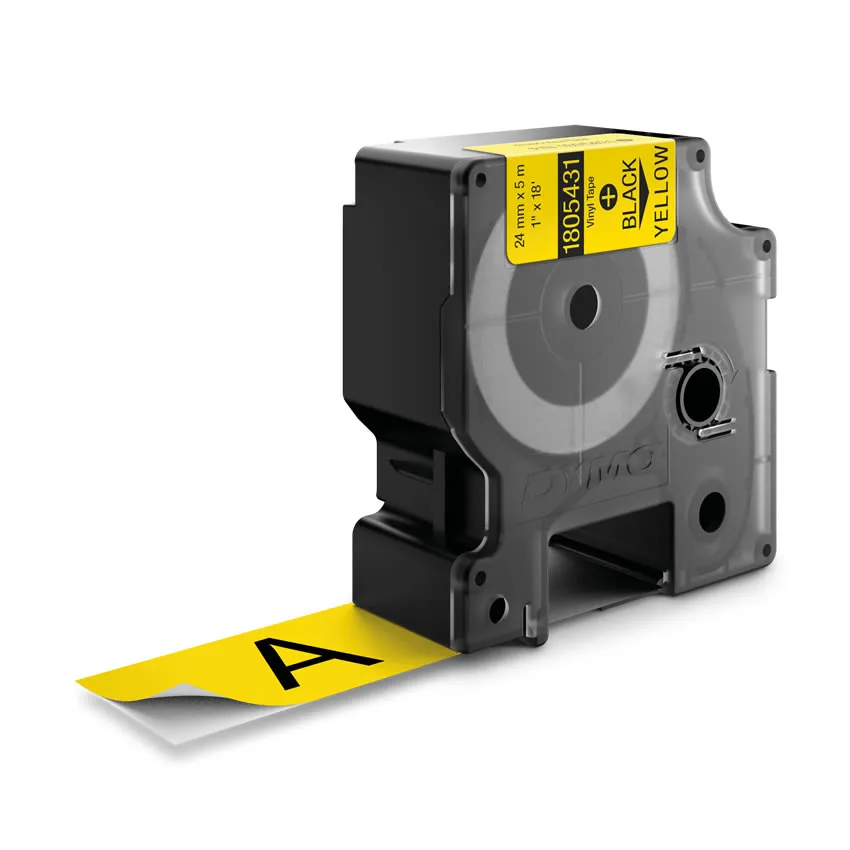 DYMO RhinoPRO 24mm vinyltejp, svart p&aring; gul, 5.5m rulle