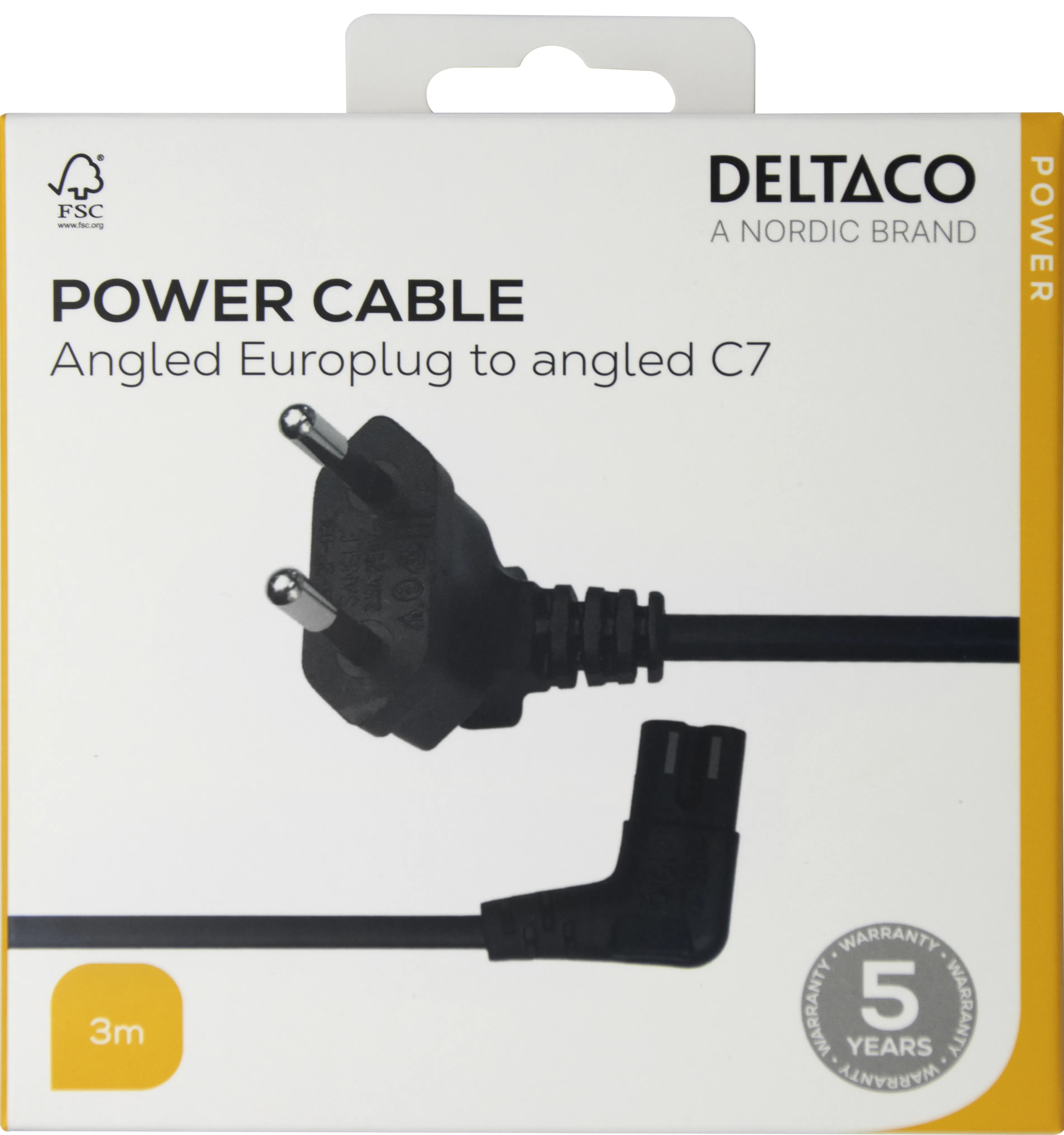 Deltaco CEE 7/16 - C7 - power cord, angled, 3,0m, Black Deltaco CEE 7/16 - C7 - power cord, angled, 3,0m, Black