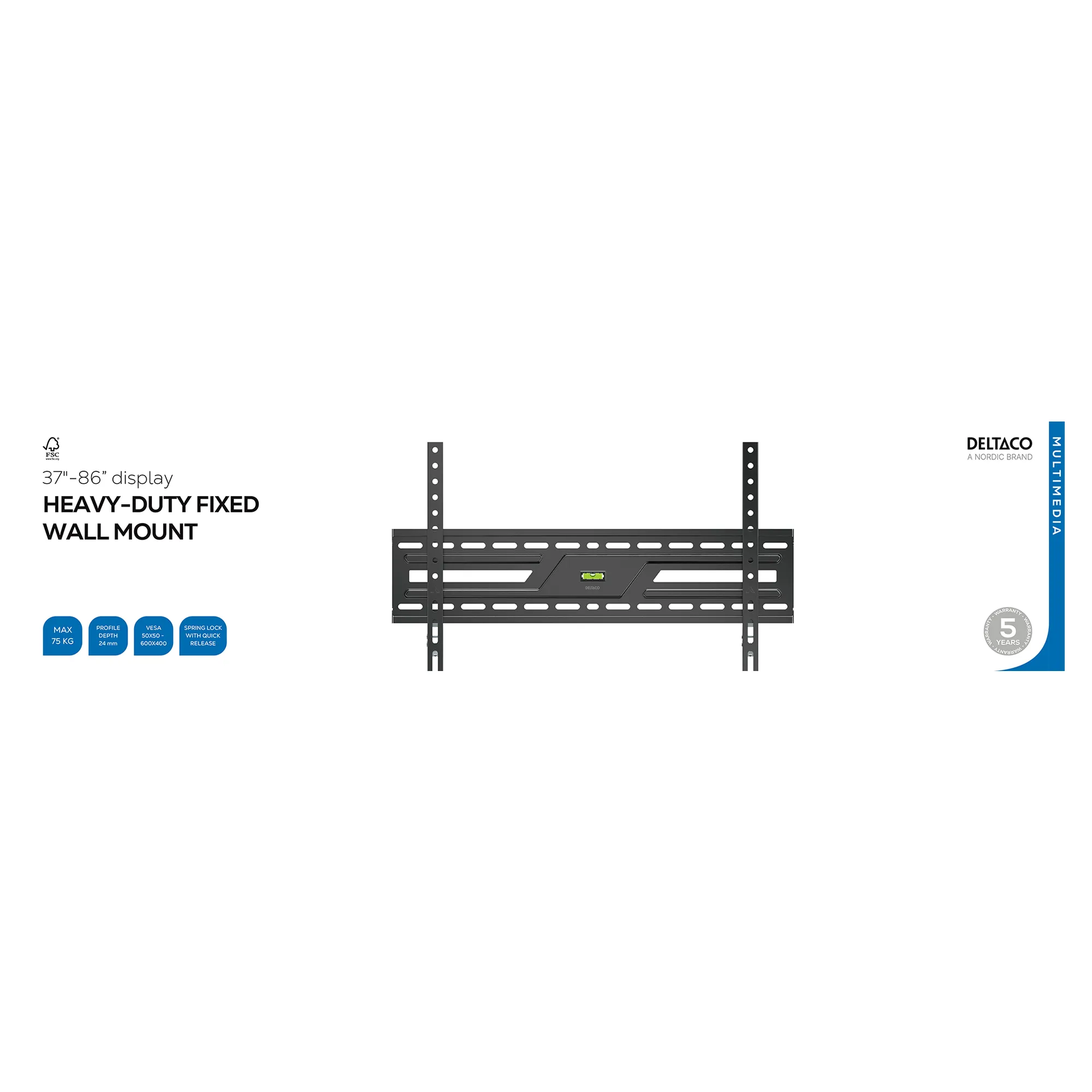 DELTACO ARM-1151-B Heavy Duty Fixed Wall Mount, 37-86", 75 kg, Black