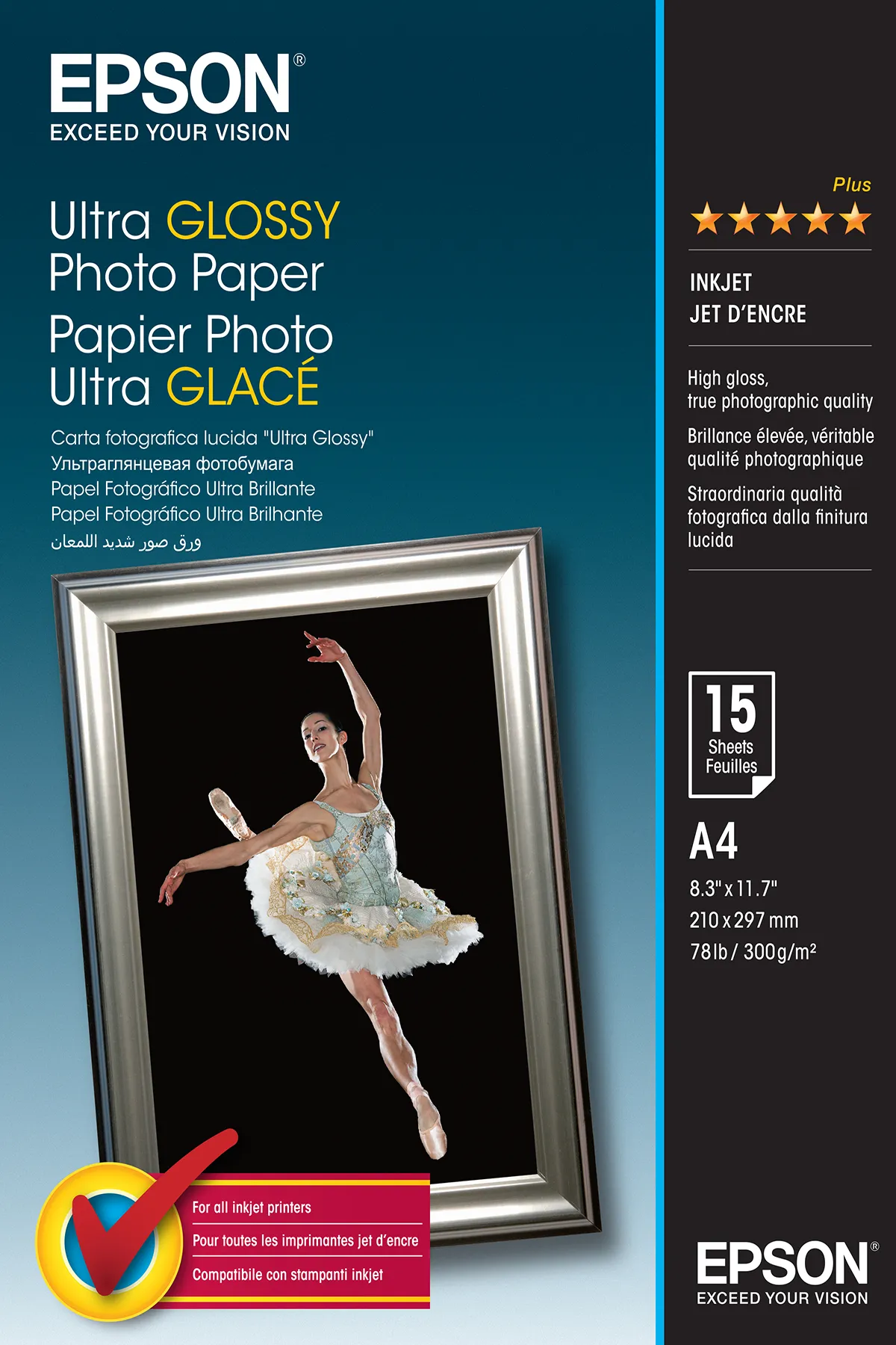 Epson Ultra Glossy Photo Paper - Glossy - A4 (210 x 297 mm) 15 arkki (arkit) valokuvapaperi malleihin Expression Home XP-245, 342, 442, Expression Premium XP-54