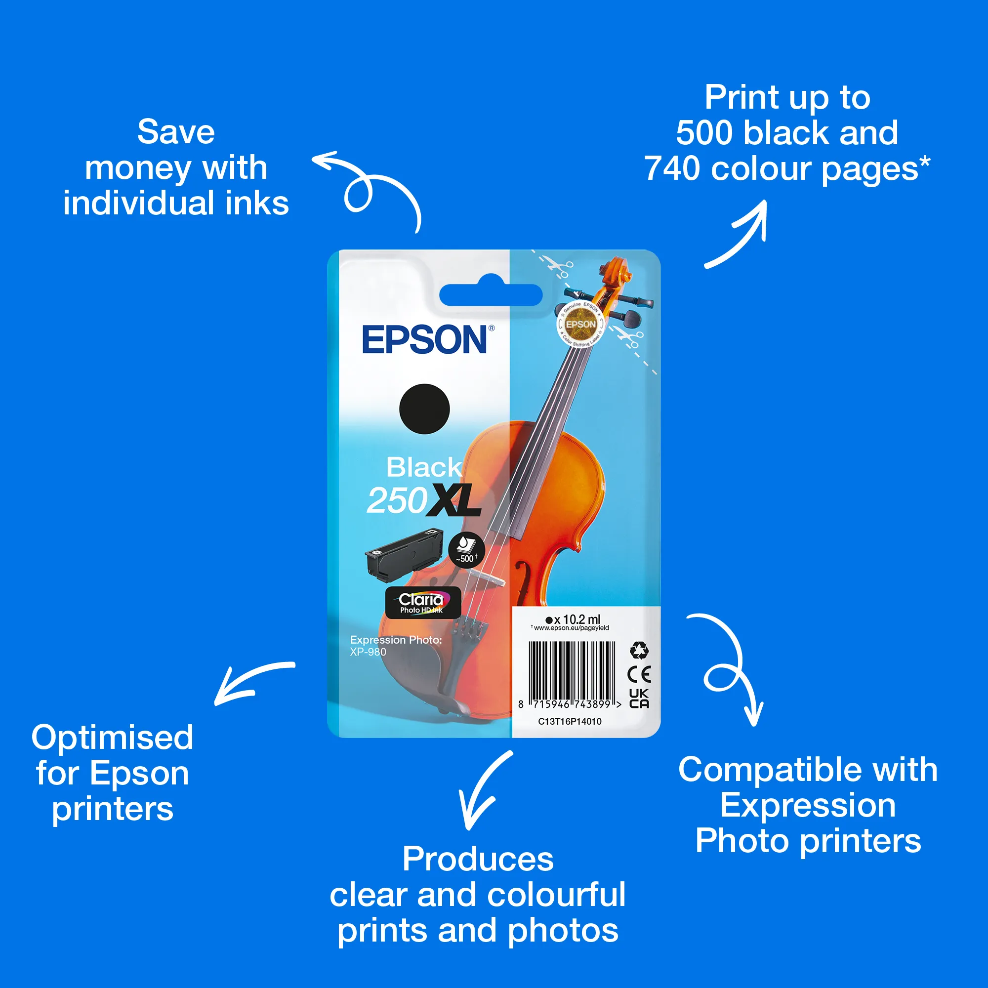 Epson 250XL -mustekasetti, 10.2 ml, musta