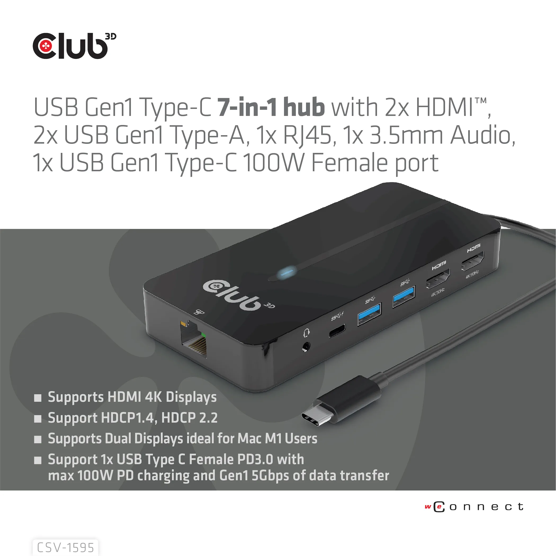 Club 3D 3.1 Gen1 USB-C 7-in-1 -hubi, Musta Club 3D 3.1 Gen1 USB-C 7-in-1 -hubi, Musta
