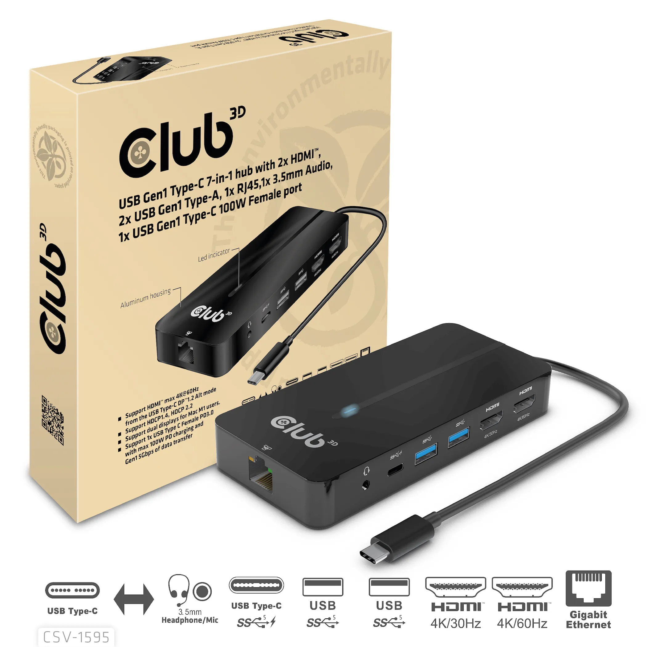 Club 3D 3.1 Gen1 USB-C 7-in-1 -hubi, Musta Club 3D 3.1 Gen1 USB-C 7-in-1 -hubi, Musta