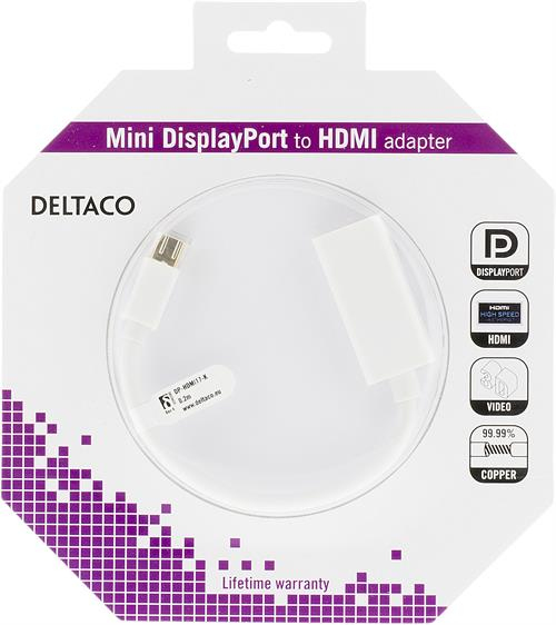 DELTACO mini DisplayPort - HDMI sovitin,3D, 0,2m, valk.
