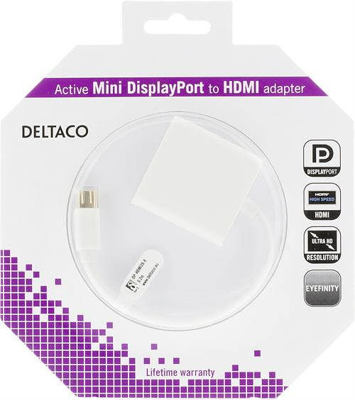DELTACO Mini Displayport - HDMI sovitin, 4K, audio, 0,2, valkoinen