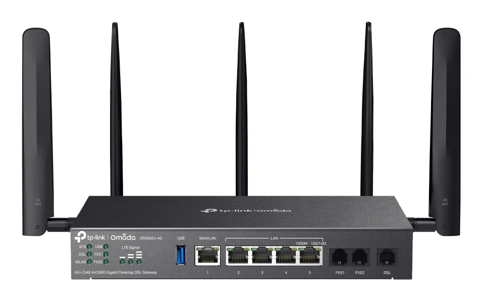 TP-Link Omada DR3650V-4G -reititin, Wi-Fi 6, AX3000, Dual-band, modeemilla, musta