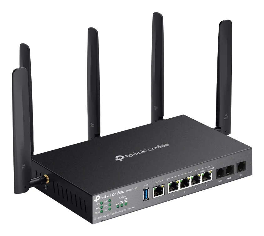 TP-Link Omada DR3650V-4G -reititin, Wi-Fi 6, AX3000, Dual-band, modeemilla, musta