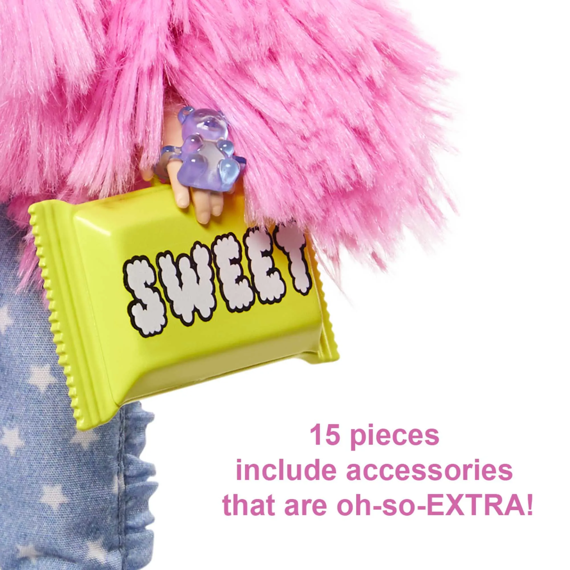 Mattel Barbie Extra doll (blonde) with fluffy pink jacket, including pet