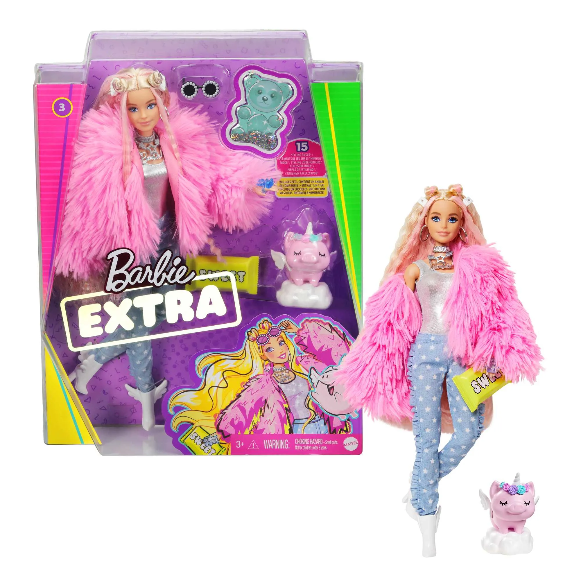 Mattel Barbie Extra doll (blonde) with fluffy pink jacket, including pet
