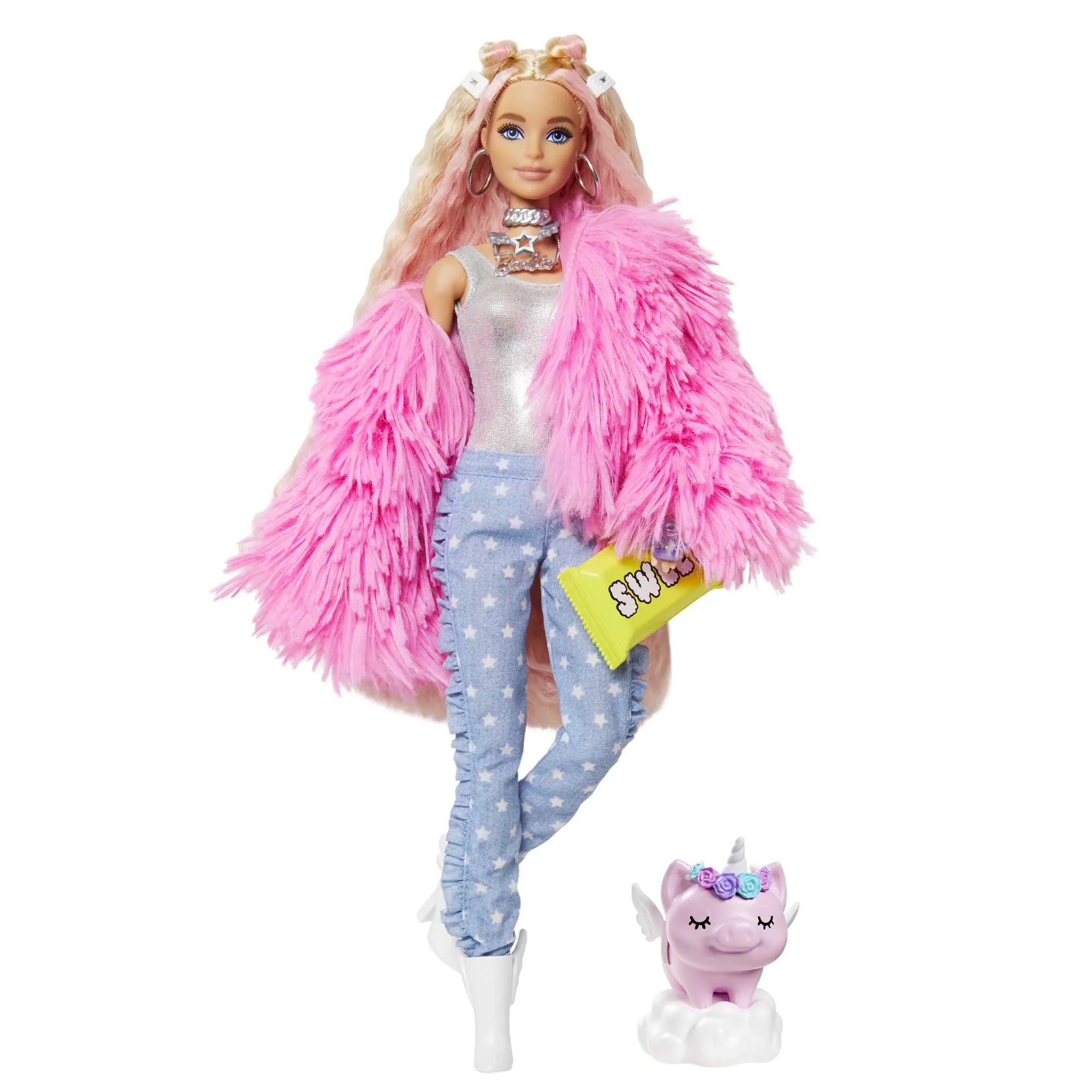 Mattel Barbie Extra doll (blonde) with fluffy pink jacket, including pet