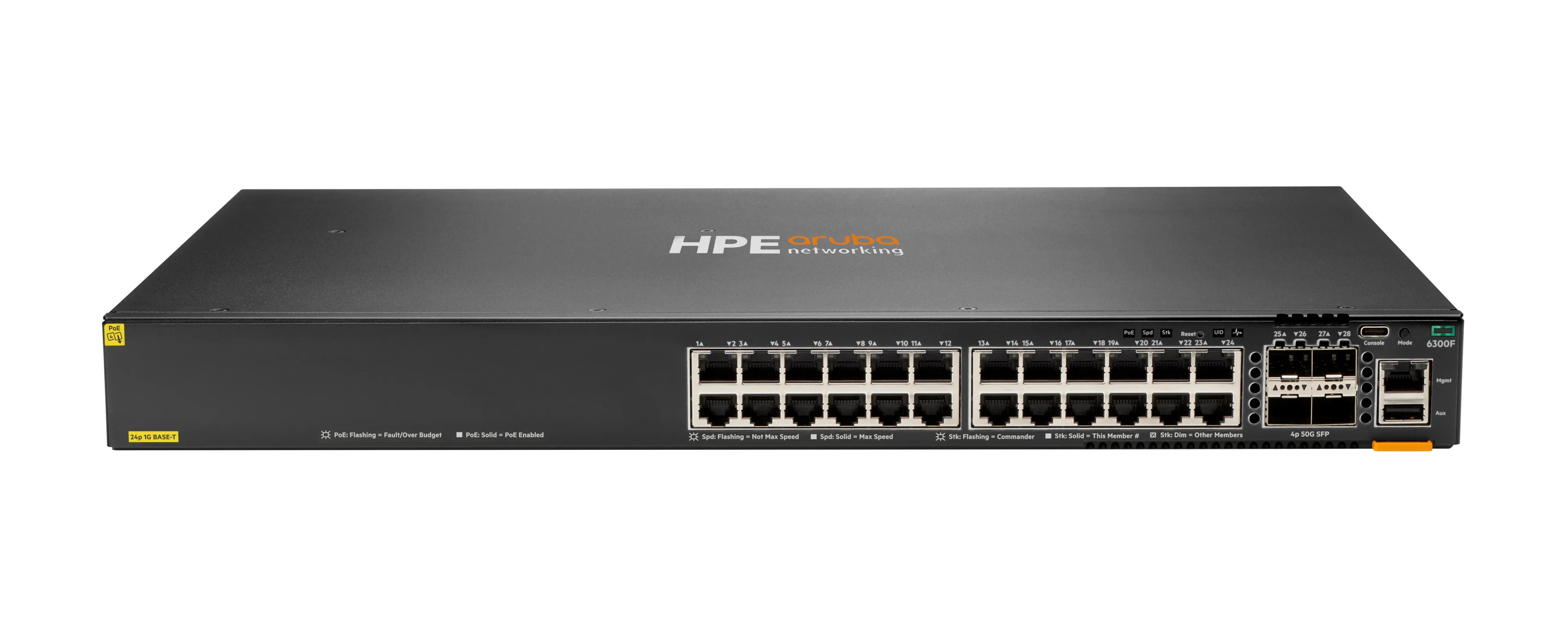 HPE Aruba 6300F - Kytkin - L3 - Hallinnoitu - 24 x 10/100/1000 (PoE+) + 4 x 50 Gigabit Ethernet SFP56 - ilmavirtaus edest&auml; taaksep&auml;in - r&auml;kkiin asennettava - Po
