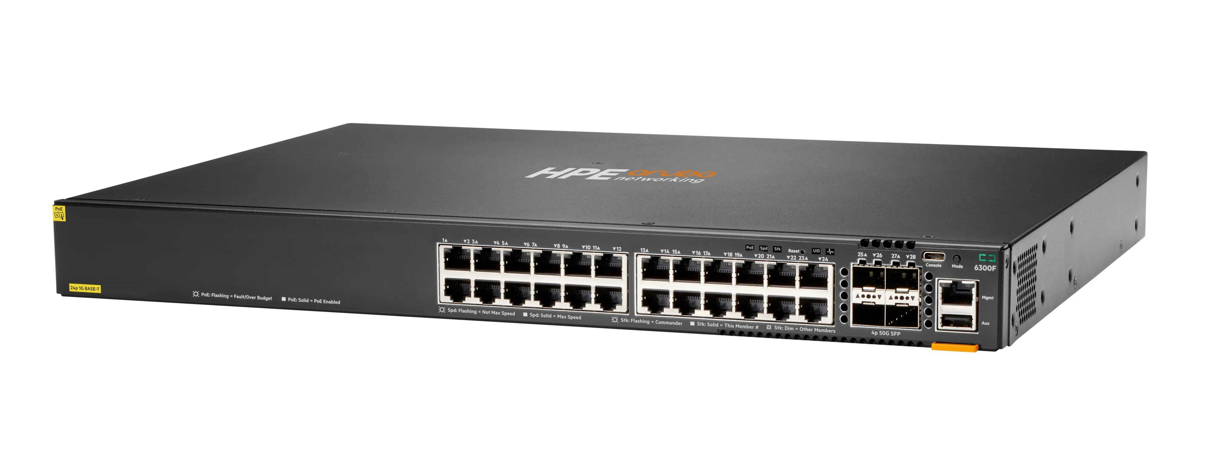 HPE Aruba 6300F - Kytkin - L3 - Hallinnoitu - 24 x 10/100/1000 (PoE+) + 4 x 50 Gigabit Ethernet SFP56 - ilmavirtaus edest&auml; taaksep&auml;in - r&auml;kkiin asennettava - Po