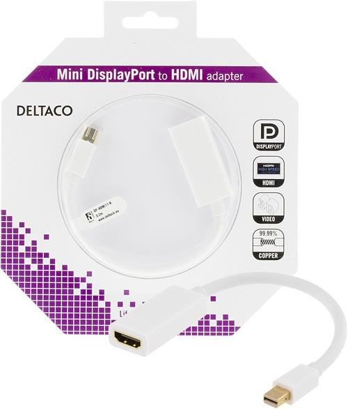 DELTACO mini DisplayPort - HDMI sovitin,3D, 0,2m, valk.