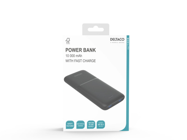 Deltaco 2x USB-A 18W, 1x USB-C PD 20W - powerbank, 10000mAh