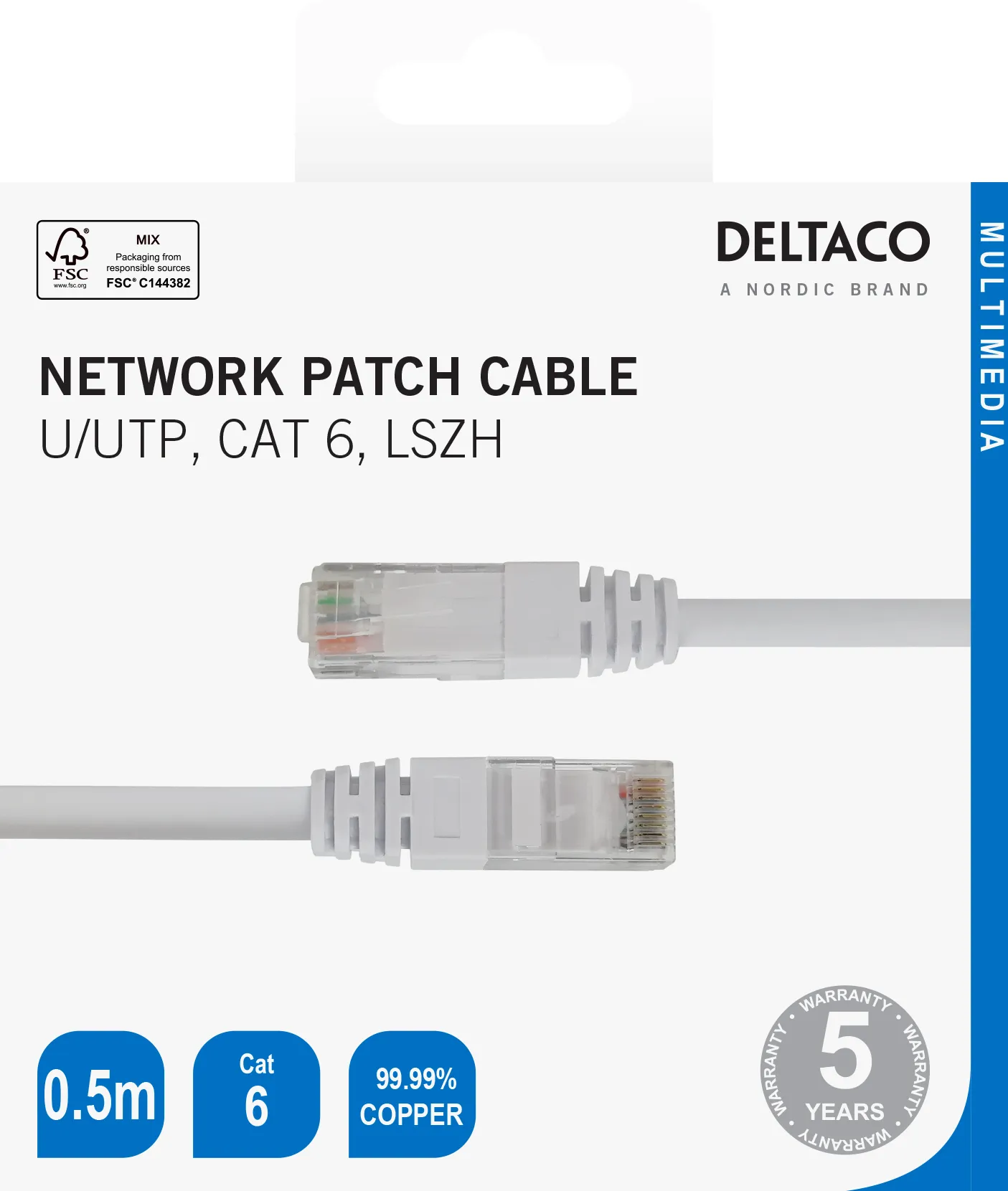 Deltaco Cat6 U/UTP RJ45 0.5m n&auml;tverkskabel, vit