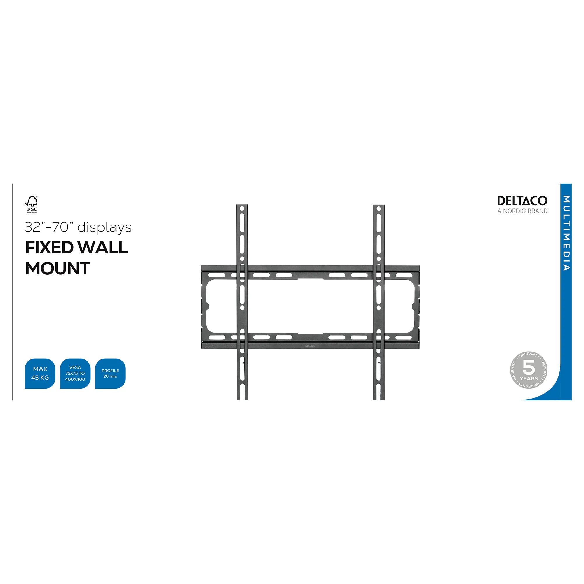 DELTACO ARM-522-B Fixed TV Wall Mount for 32-70", 45 kg, Black
