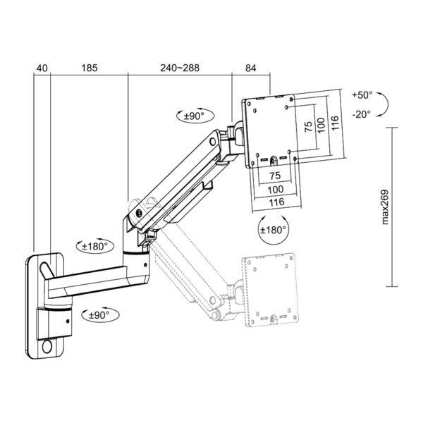 Logilink Monitor Mount Gas Spring - wall mount, Black, 17-49&quot;, 20kg