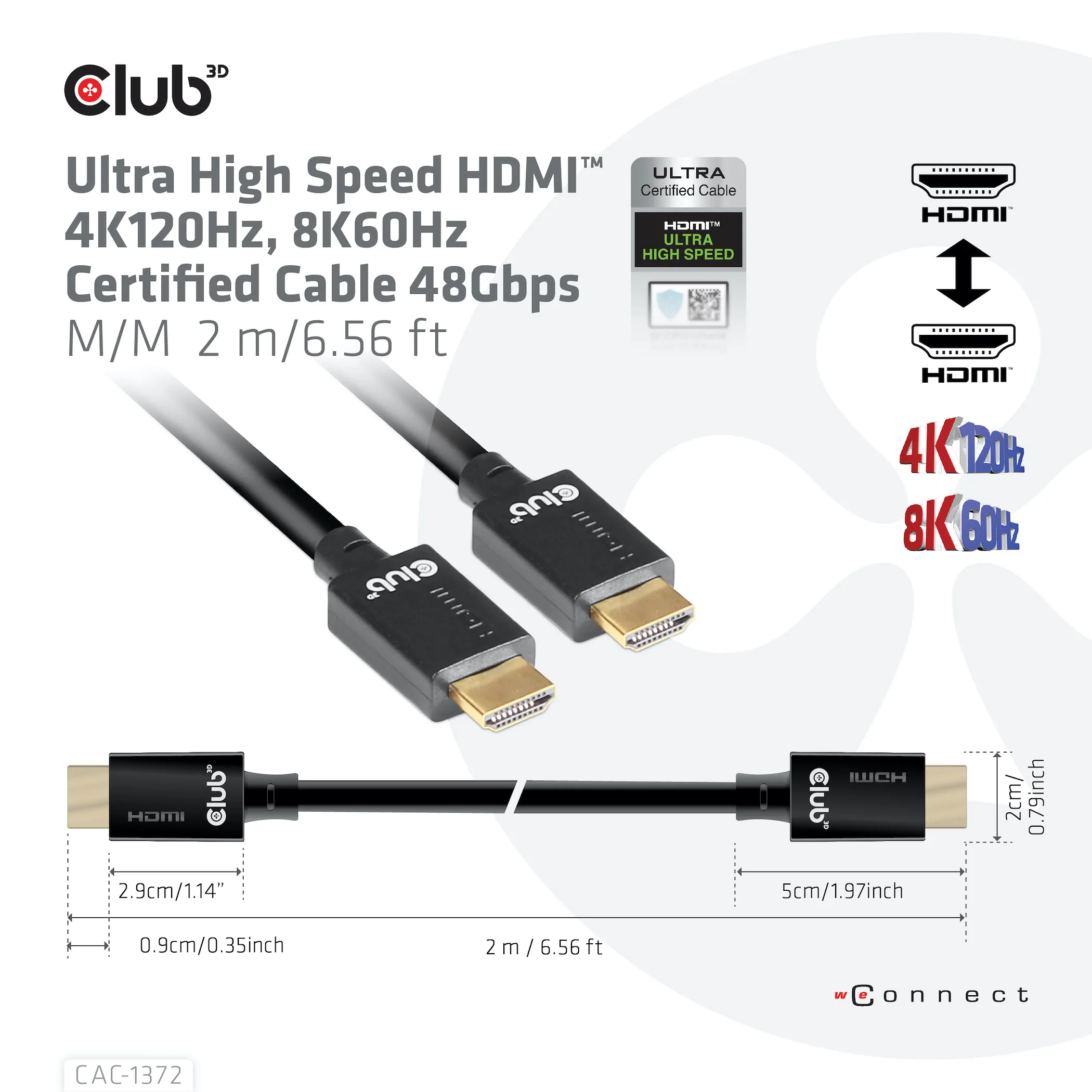 Club 3D HDMI &ndash; HDMI 2,1 - kabel, 2 m, Svart