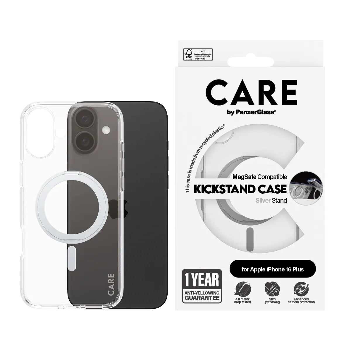 Care by PanzerGlass iPhone 16 Plus MagSafe Kickstand Case, Silver