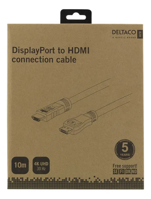 Deltaco DisplayPort – HDMI -kaapeli, 10 m, Musta