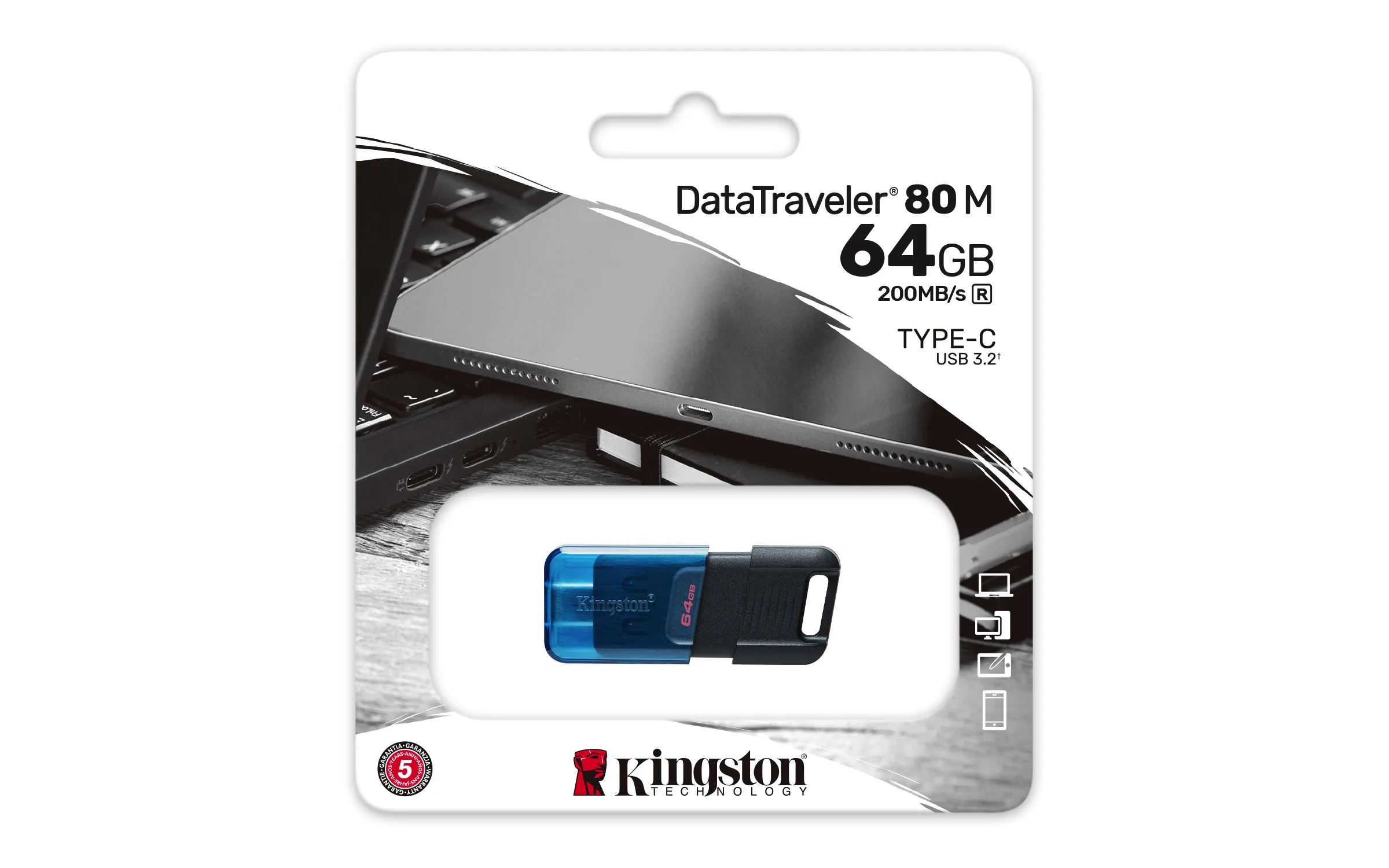 Kingston DataTraveler 80M USB-C 3.2 Gen 1 64 Gt -muistitikku, musta/sininen