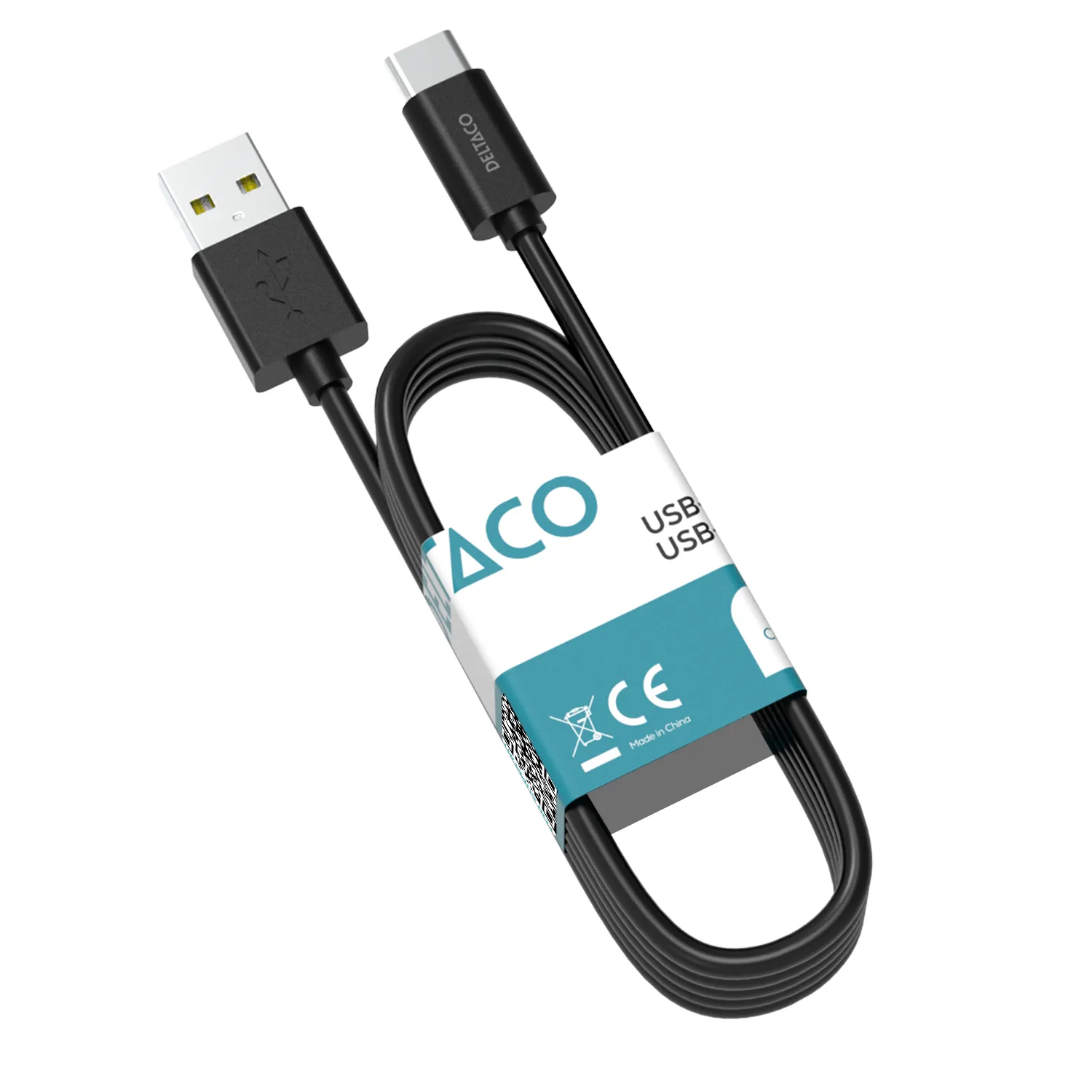 Deltaco USB-A - USB-C cable, 1 m, musta