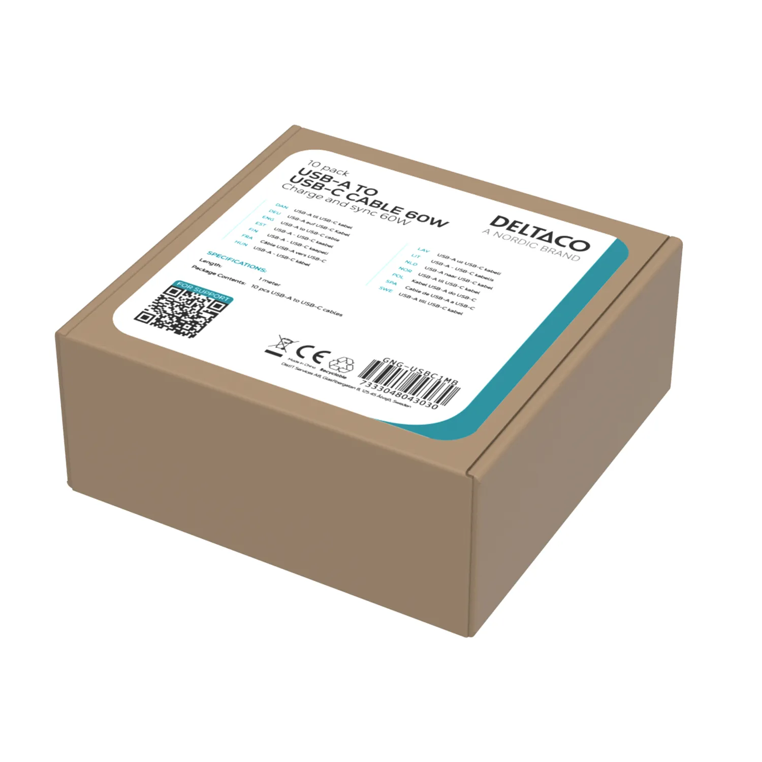 Deltaco USB-A - USB-C cable, 1 m, musta