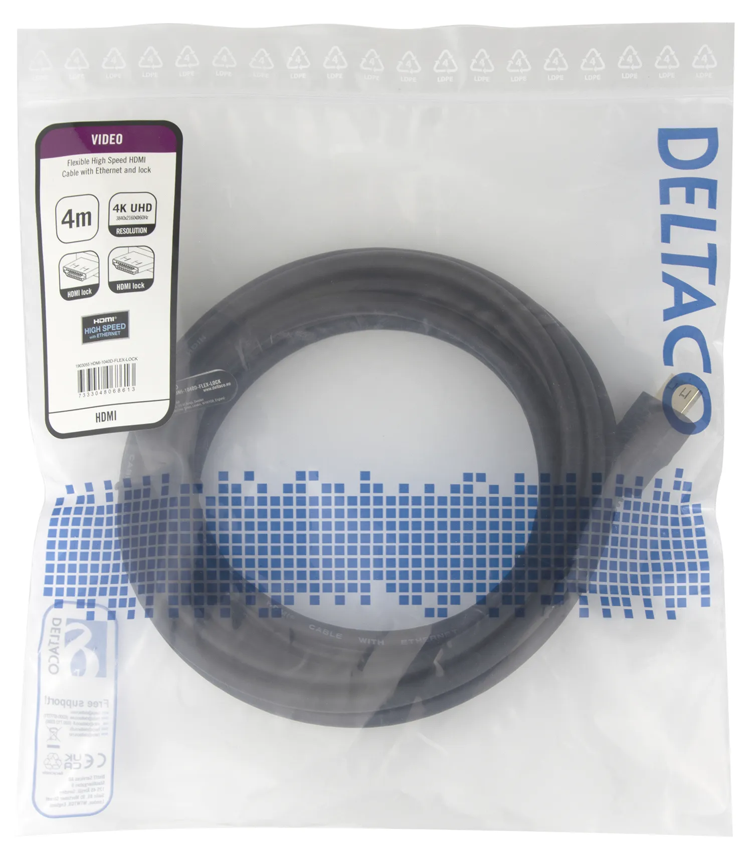 DELTACO High-Speed Flex HDMI cable, 4M, w/lock, 4K UHD, black