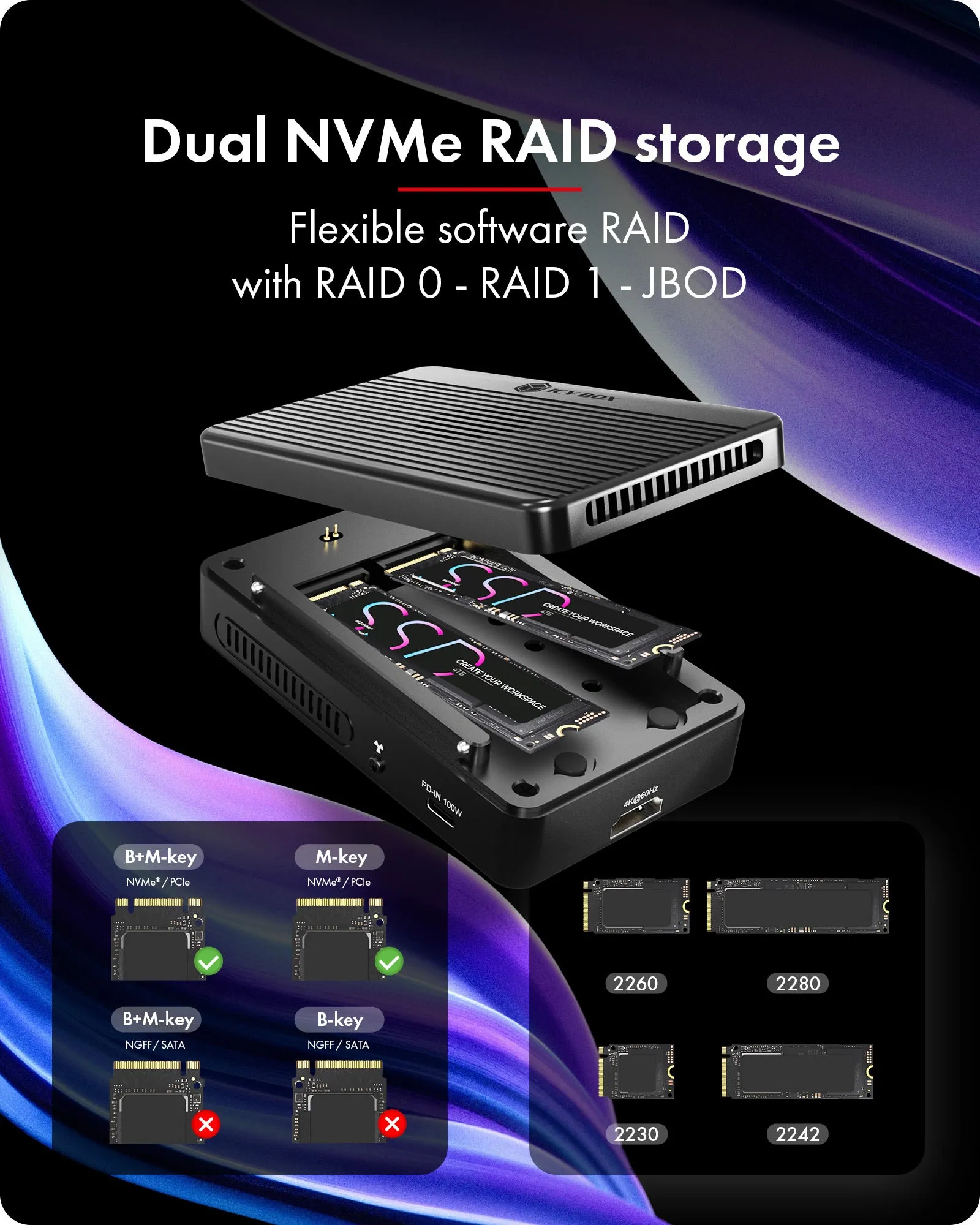 ICYBOX IB-RD2818DK-40G 2-facks M.2 NVMe-dockningsstation, USB4 / Thunderbolt 3, h&aring;rdvaru-RAID 0/1, 40 Gb/s