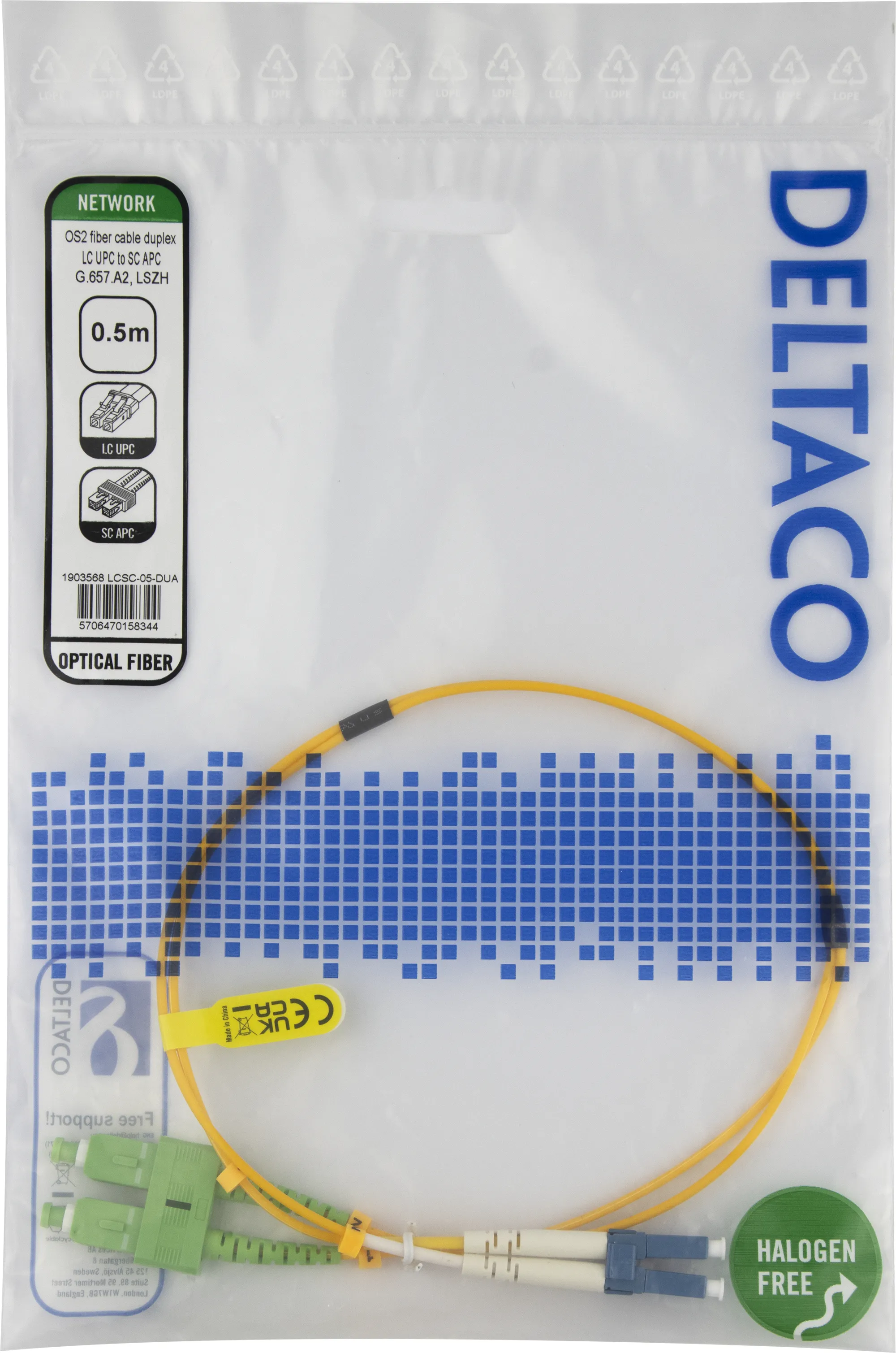 Deltaco OS2 LSZH LC-SC 0.5m Fiber Optic Cable, Yellow