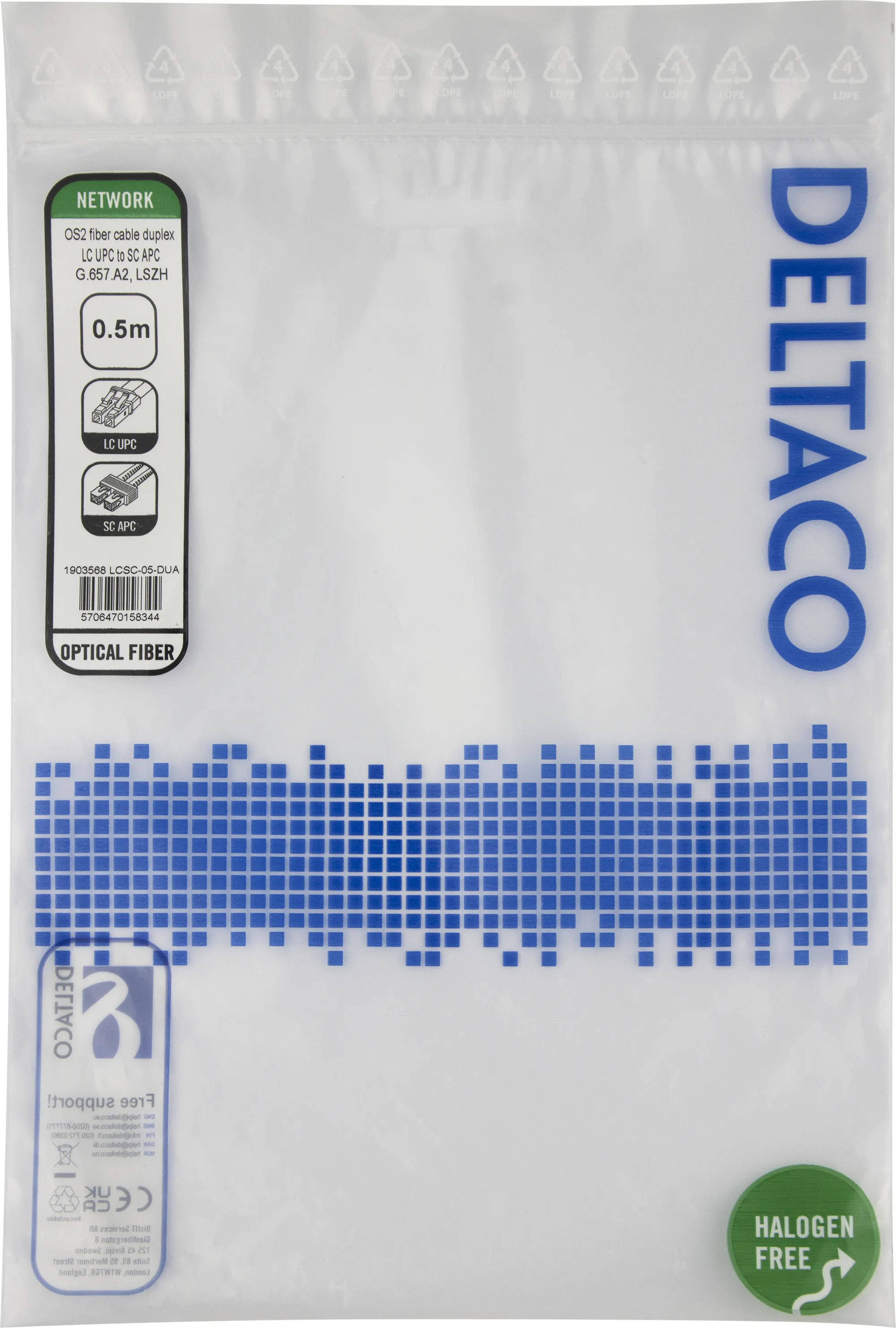Deltaco OS2 LSZH LC-SC 0.5m Fiber Optic Cable, Yellow