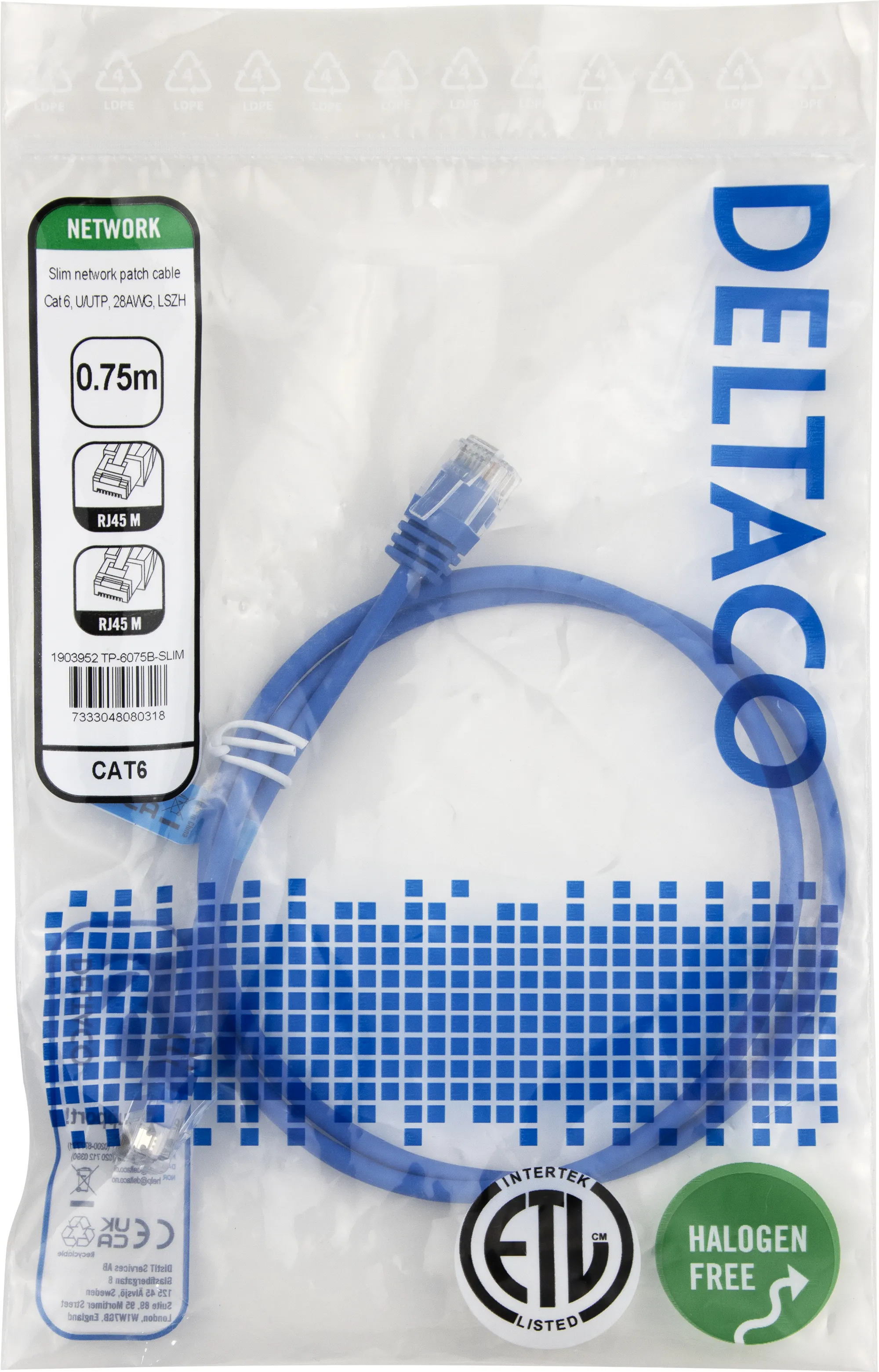 Deltaco Cat6 UTP RJ45 0.75m Network Cable, Blue