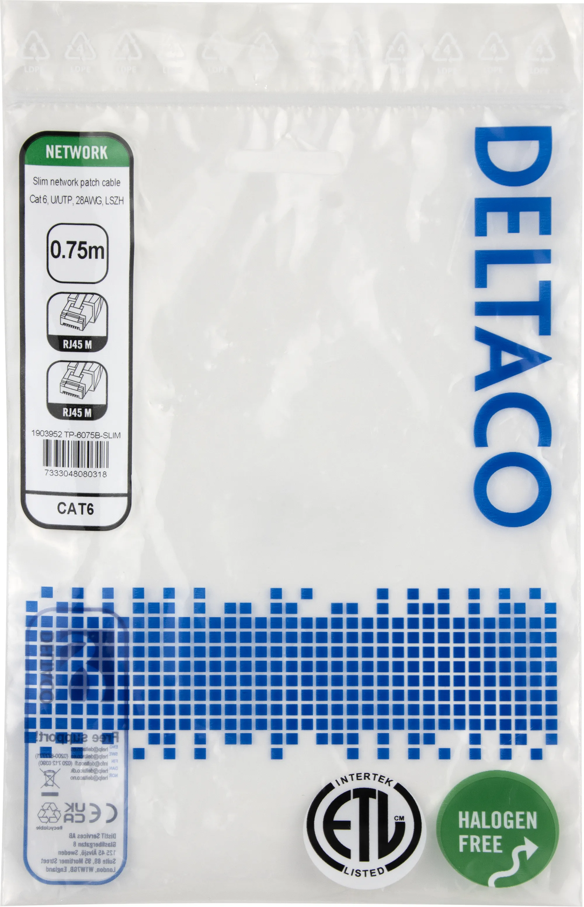 Deltaco Cat6 UTP RJ45 0.75m Network Cable, Blue