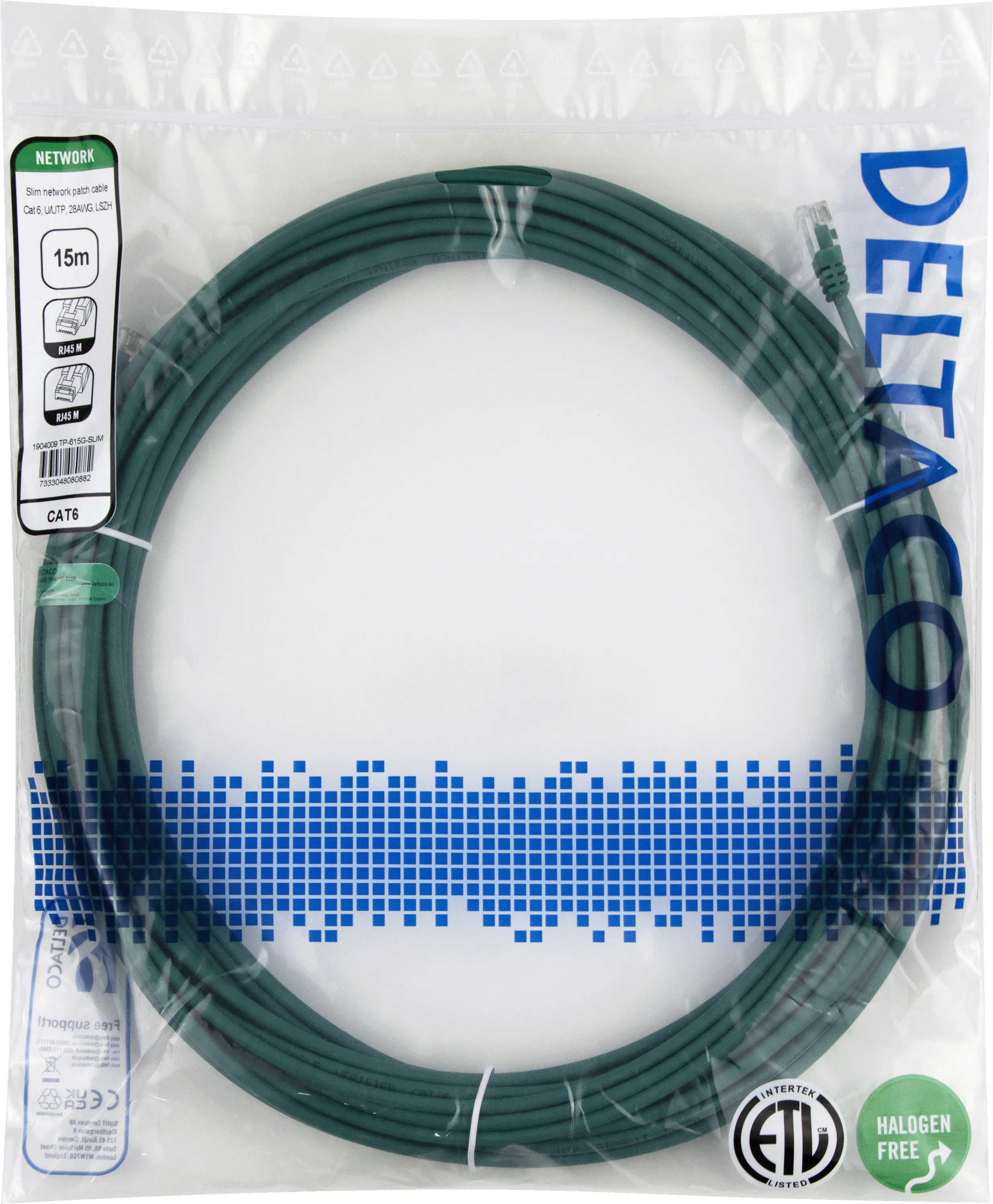 Deltaco Cat6 UTP RJ45 15m -verkkokaapeli, vihre&auml;