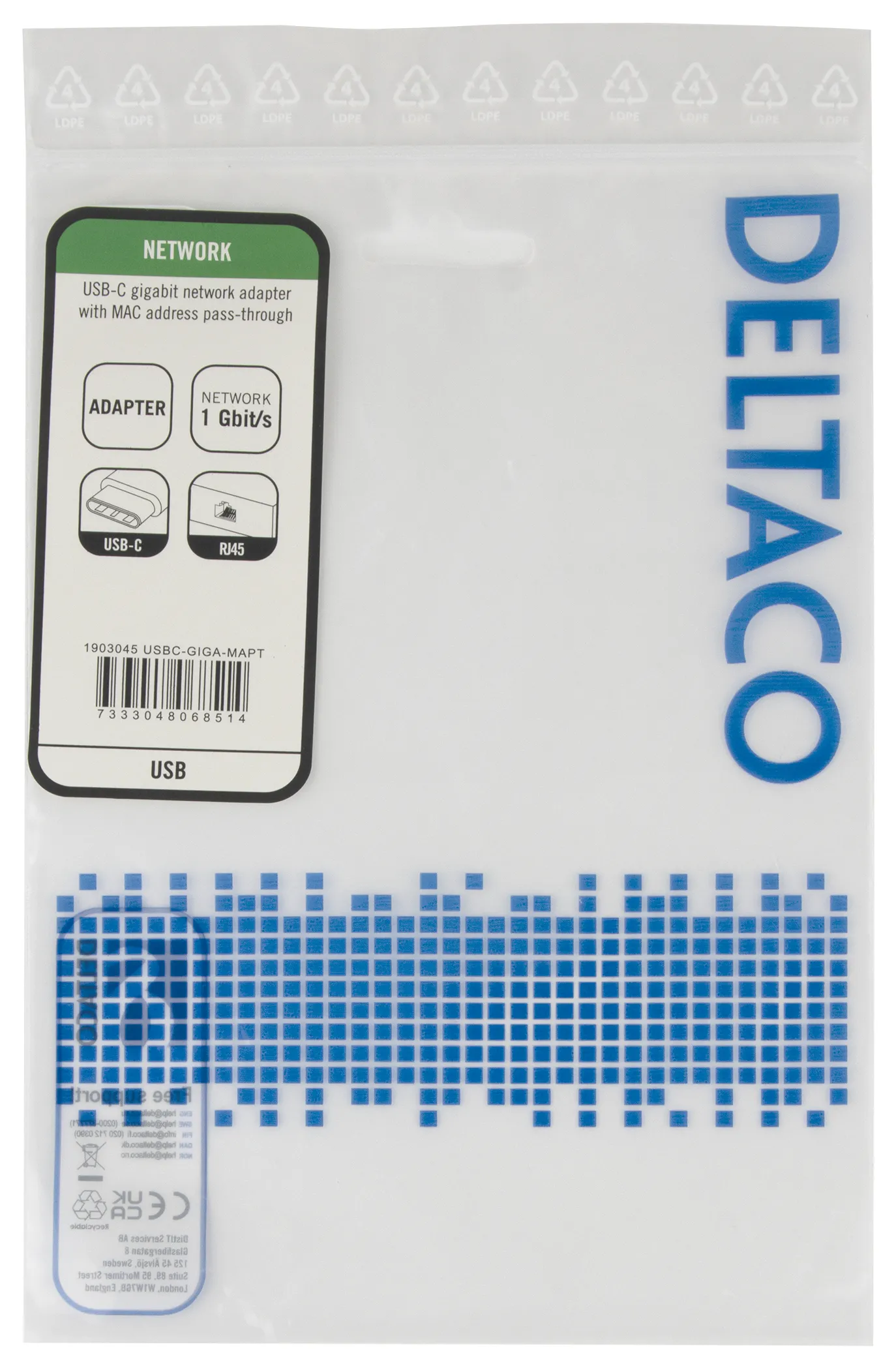 DELTACO USB-C Gigabit Network adaptor w/MAC address pass-through
