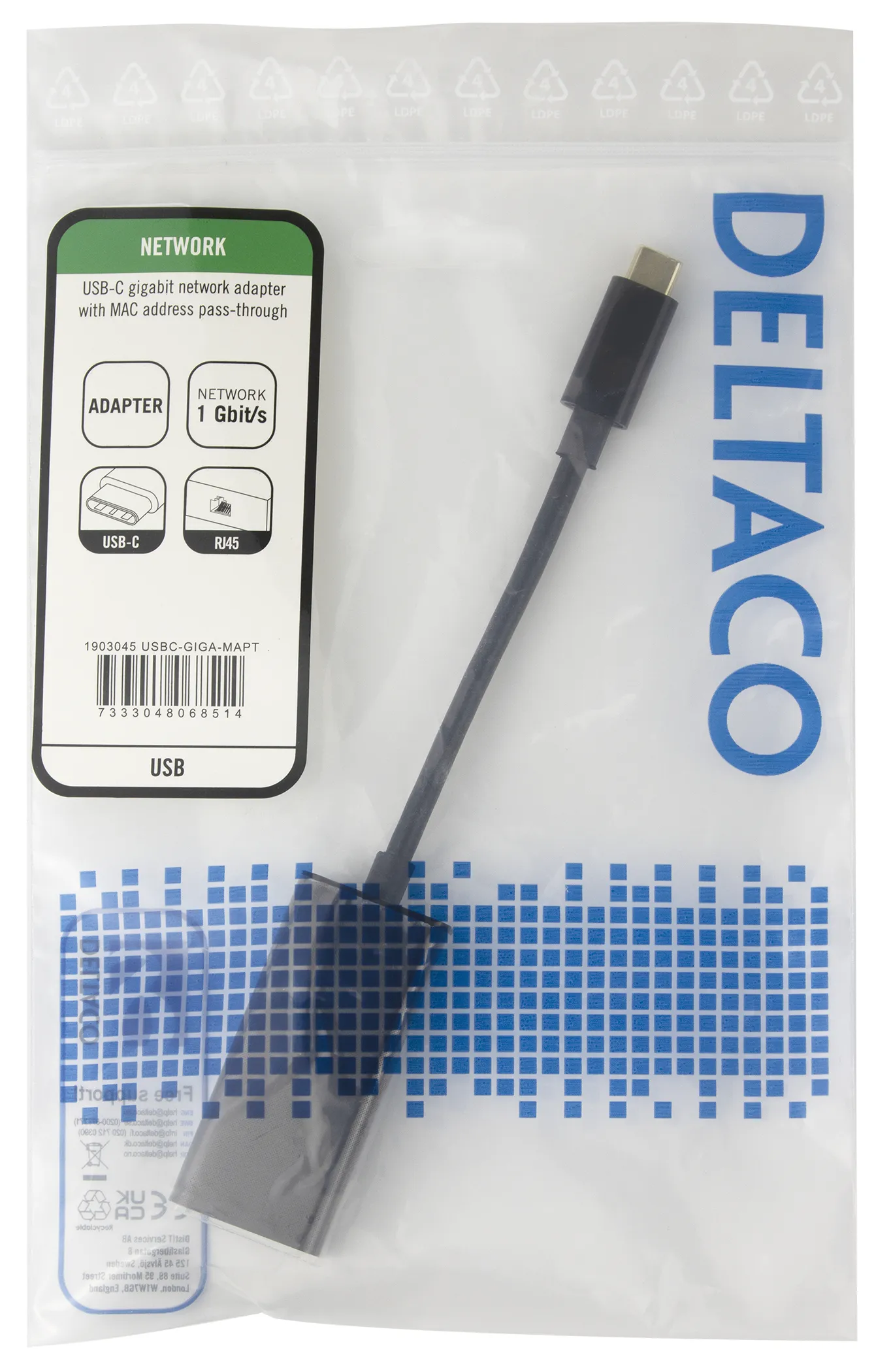 DELTACO USB-C Gigabit Network adaptor w/MAC address pass-through
